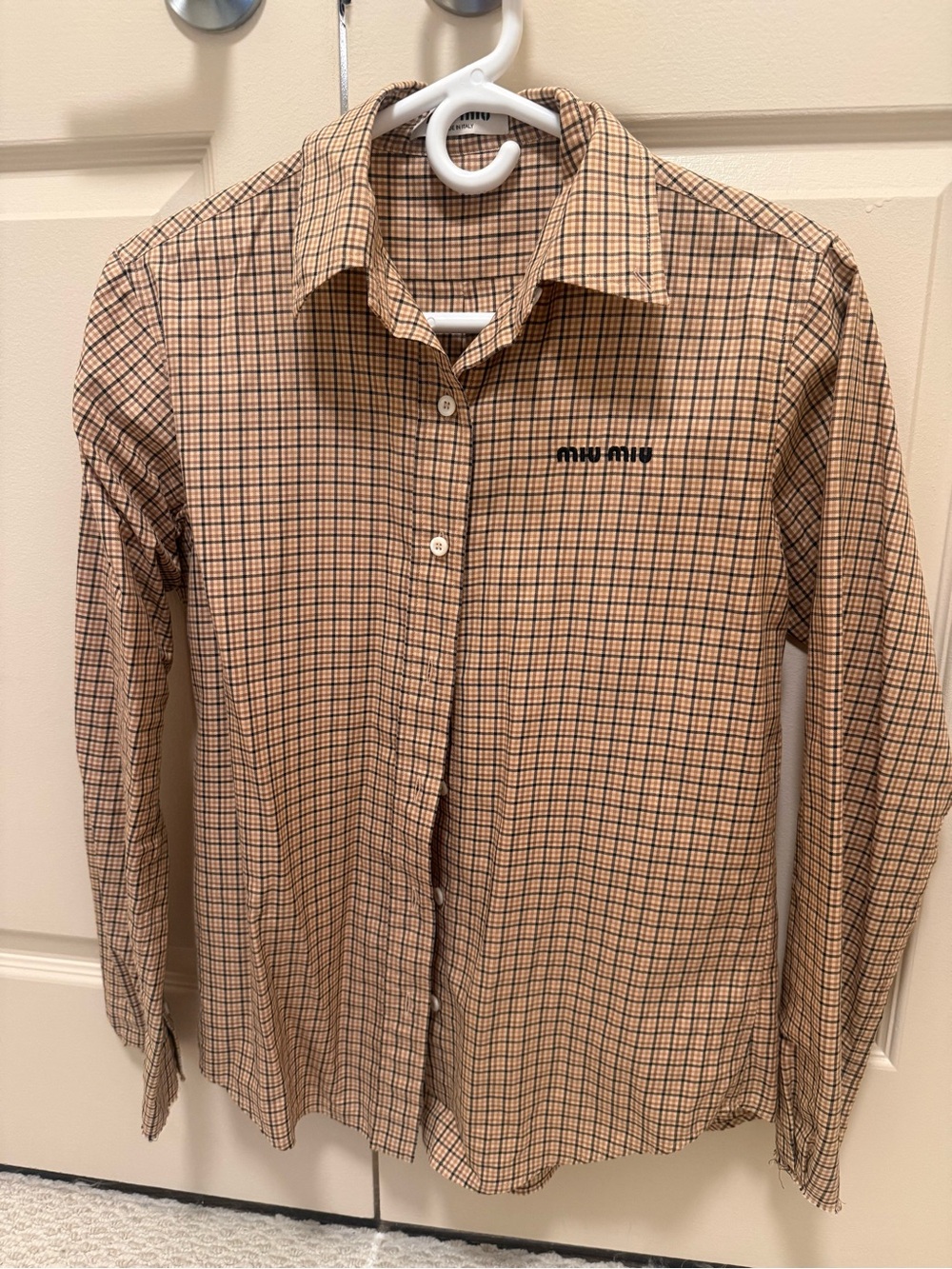 Miu Miu Tan Plaid Button-Up Shirt with Logo - Picture 2 of 6